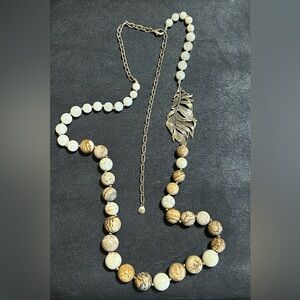 Bohm Antique Brass Leaf Asymmetrical Long Jasper Bead Necklace